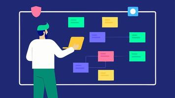 Project Planning A developer reviews a planning document on a large screen surrounded by digital sticky notes and timelines laid out in an organized fashion for new ARVR. vector