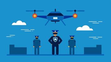 These descriptions convey various scenarios involving police drones in surveillance activities related to crime monitoring and investigation.. vector