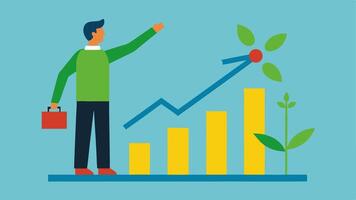 Trend Analysis A illustration showing an analyst pointing at a trend line on a projection graph indicating increasing renewable energy use over time.. vector