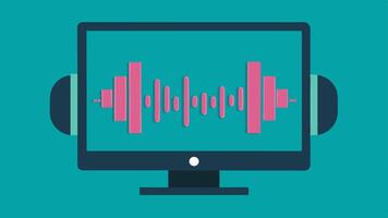 Sound Design A sound wave graphic on a computer screen with headphones resting on the keyboard reflecting the importance of audio editing in creating engaging videos.. vector