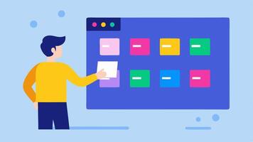 Task Management A web developer organizing tasks on a digital Kanban board with colorful sticky notes representing different projects and statuses in an online tool.. vector