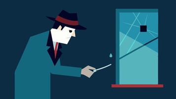 Tools in Action A depiction of the detective using tweezers to collect a small piece of glass as evidence with the broken window prominently displayed behind them.. vector