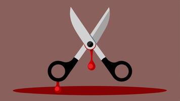 Scissors with Blood A pair of open metal scissors resting on a table with dripping from the sharp blades pooling beneath.. vector