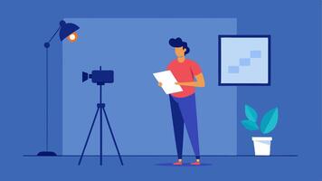 Production An individual standing in front of a camera set up in a home studio adjusting the lighting while holding a script in hand.. vector