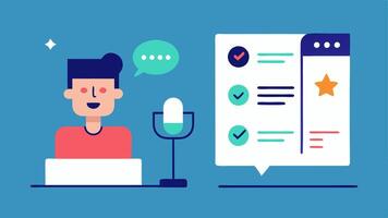 Virtual Feedback Form A splitscreen showing a tester on one side speaking into a microphone and a digital feedback form popping up on the screen filled with notes and ratings.. vector