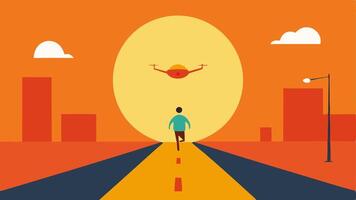 Street Scene A running figure darting across a deserted street with bright circular light spilling onto the pavement from a helicopter overhead.. vector