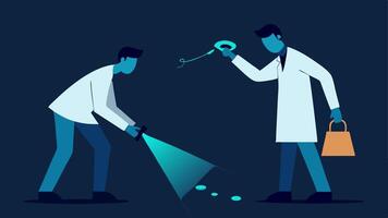 Team Collaboration Illustrate two investigators collaborating one holding a flashlight to illuminate a dark area while the other collects hair fibers with tweezers.. vector