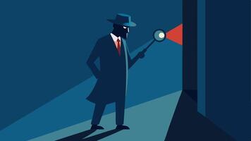Shadowy Figure A shadowy illustration of a detective standing in an alley holding a magnifying glass up to his eye while peering into a shadowy corner.. vector