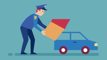 Suious Box An illustration capturing an officer pulling out a large suious box from the trunk raising an eyebrow indicating caution.. vector