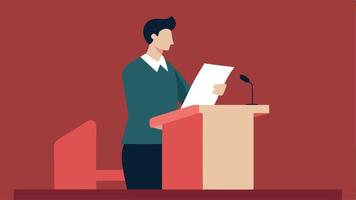Victim at Podium A side view of a victim standing at a podium holding a folded piece of paper with a solemn expression addressing the courtroom.. vector