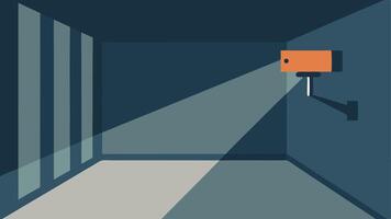 Security Camera An overhead corner of the cell block featuring a security camera pointing down the corridor with a soft glow from a distant light creating a sense of surveillance.. vector