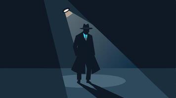 Spotlight Effect A silhouette of a detective with a hat and coat standing in a dimly lit alley a single beam of light shining down on a bullet casing lying on the pavement.. vector