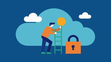 Security Measures An engineer installs a virtual lock icon onto a cloud emphasizing their role in securing cloud infrastructure with protective measures.. vector