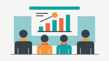Visual Aids One juror projecting a simple bar graph on a wall or whiteboard while others take notes and appear to analyze the information presented.. vector