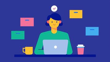 Virtual Meetings An illustration of a professional sitting at a desk with a laptop participating in a conference surrounded by sticky notes and a coffee mug representing. vector