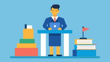Visual Aids The podium has stacks of documents and case files visible suggesting an organized approach mixed with the lawyers passionate delivery.. vector