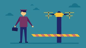 Safety Procedures An illustration depicting a spet explaining safety procedures while standing next to a drone ready for flight with caution tape surrounding the area.. vector