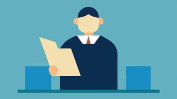 Sentencing Statement A graphic illustration of the judge reading a formal sentencing statement from a paper while looking directly at the defendant.. vector
