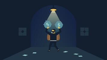Vault Lights The inside of a dark vault is lit by overhead lights illuminating a robber struggling to lift a heavy bag stuffed with bills.. vector