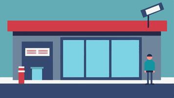 Store Front View A convenience store with large windows showcases a CCTV camera oriented towards a person sneaking near the entrance indicating potential suious behavior.. vector
