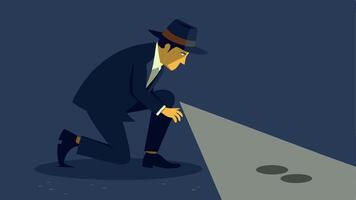 Shadow Play The detective leans down closely to examine a footprint on the ground illuminated by the narrow beam of their flashlight creating dramatic shadows.. vector