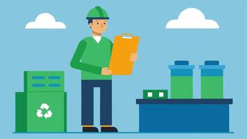 Waste Audit An expert conducting a waste audit at a factory holding a clipboard and inspecting bins of materials labeled for recycling paper and compost.. vector