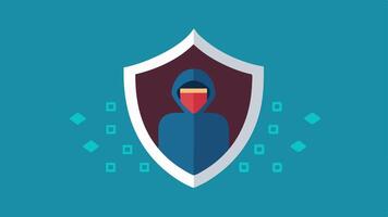 Shield with Binary Code A shield featuring binary code to represent cybersecurity with an ethical hacker analyzing the shield for potential threats.. vector