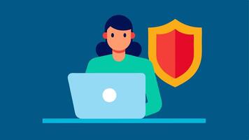 Shield and Computer An analyst sitting in front of a laptop with a large shield symbol displayed on the screen representing protection against threats.. vector
