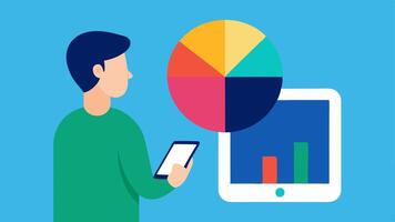 Screen Time Tracker A digital coach displaying a colorful pie chart on a tablet illustrating the breakdown of screen time while a person looks on thoughtfully.. vector