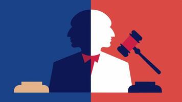 Split Scene A split illustration showing the judges serious expression on one side and the gavel hitting the sound block on the other symbolizing the impact of the ruling.. vector