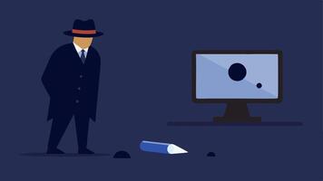 Surveillance Camera View An illustration showing a detective looking at a surveillance monitor with a grainy image of them near a bullet casing on the ground emphasizing modern. vector