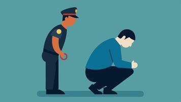 Street View A closeup of a handcuffed suspect on their knees being searched by an officer while another officer stands guard nearby.. vector
