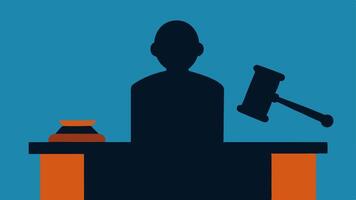 Silhouette A silhouette illustration of a judge at the bench with a raised gavel the sound block highlighted in a contrasting color beneath it.. vector
