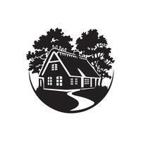 A black and white logo of a house with trees vector