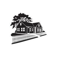 A black and white silhouette of a house with a fence vector
