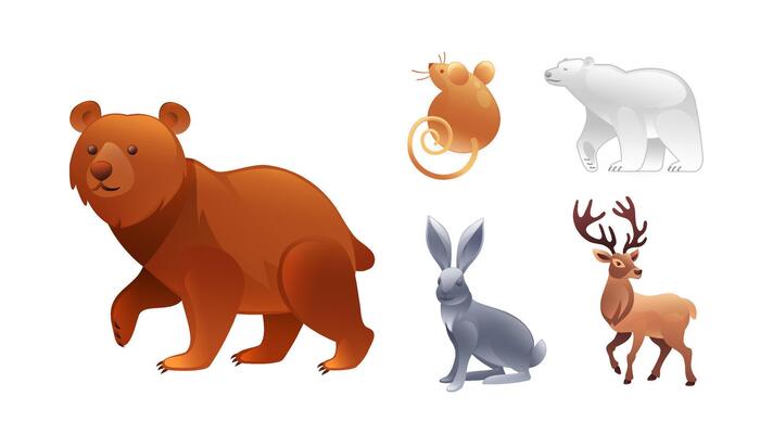 Set of illustrations of animals of the Northern Hemisphere, brown bear, polar bear, mouse, hare, red deer, realistic in 3D style.