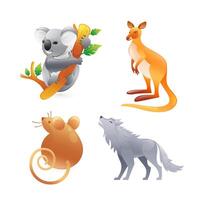 Set of illustrations of animals of Australia, koala, kangaroo, marsupial mouse, wolf, realistic in 3D style. vector