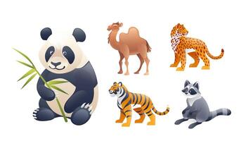 Set of illustrations animals of Asia, panda, leopard, camel, tiger, raccoon, realistic in 3D style. vector