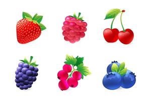 Set of illustrations of garden berries, strawberries, raspberries, cherries, blackberries, blueberries, currants, in a realistic 3D style. vector