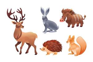 Set of illustrations of animals of Europe, deer, hare, hedgehog, wild boar, squirrel, realistic in 3D style. vector