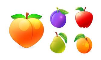 Set of fruit illustrations, peach, plum, apple, pear, apricot, in realistic 3D style. vector