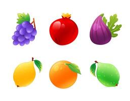 Set of illustrations of Mediterranean fruits, orange, lemon, lime, grapes, figs, pomegranate, in realistic 3D style. vector