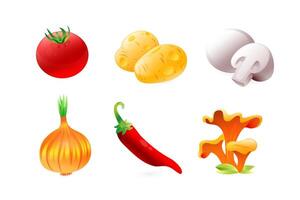 Set of illustrations of vegetables, ingredients for mushroom soup, potatoes, onions, tomatoes, champignons, forest mushrooms, chanterelles, chili peppers, in a realistic 3D style. vector
