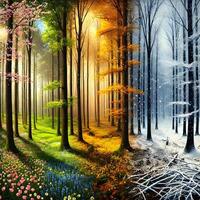 A captivating depiction of the cyclical nature of seasons, showcasing a forest transitioning through spring, summer, autumn, and winter., AI-Generateds photo