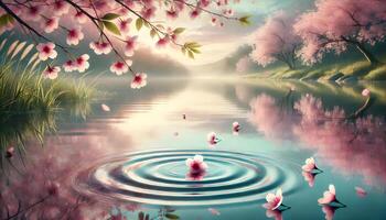 serene scene of falling cherry blossoms, creating ripples on a calm pond, AI-Generateds photo