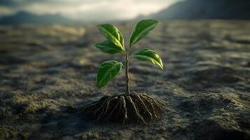 A testament to the power of life, a small plant thrives in the most unlikely of places, its roots anchoring it firmly to the earth, AI-Generateds photo