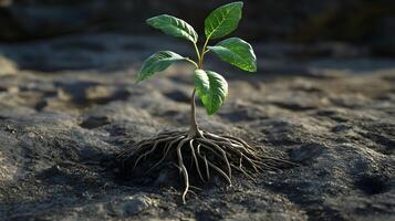 A symbol of resilience, a young plant defies the harsh terrain, its roots digging deep and its leaves reaching for the sky., AI-Generateds photo