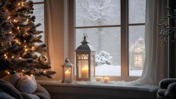 A cozy winter scene with a window overlooking a snowy landscape, adorned with candles, AI-Generateds photo