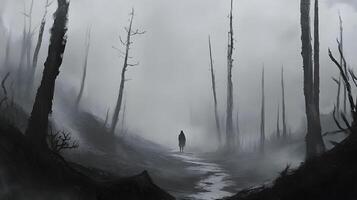 A solitary figure walks through a mysterious, fog-filled forest path, surrounded by skeletal trees, It indicates loneliness and sadness, AI-Generateds photo