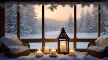 A cozy winter scene with a window overlooking a snowy landscape, adorned with candles, lanterns, and a small Christmas tree, AI-Generateds photo